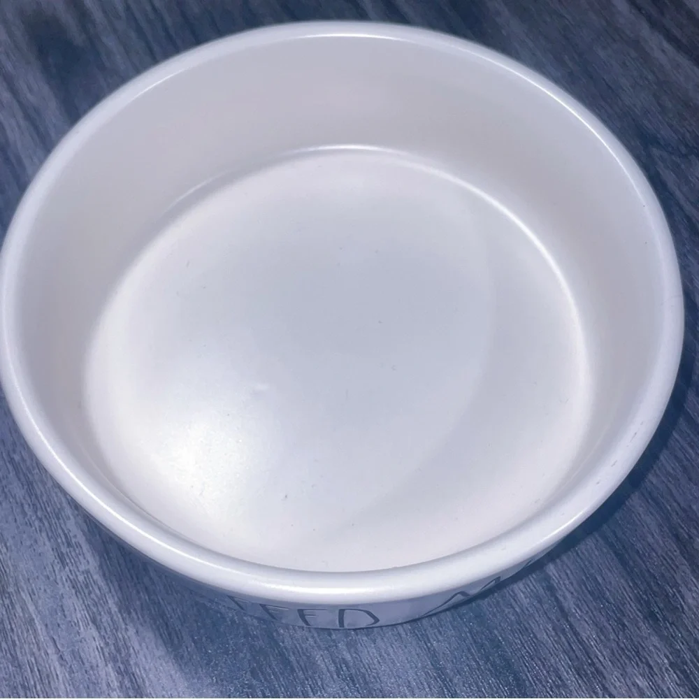 White Ceramic Pet Bowl with 'Feed Me' Text